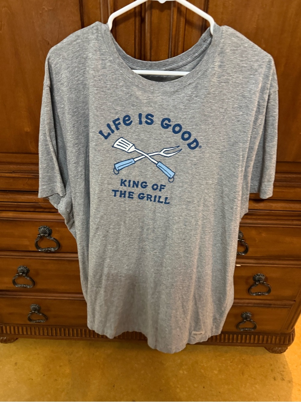 Life Is Good Gray Short Sleeve Tee with Blue Grill Graphic